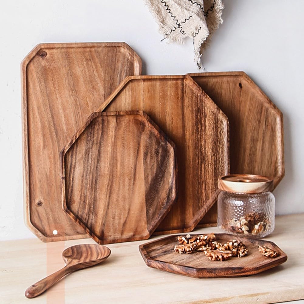 Petit plateau de service octogonal en bois d'acacia, 20 x 20 x 2 cm, parfait pour le petit déjeuner au lit, le dîner sur les genoux, le divertissement à la maison et design respectueux de