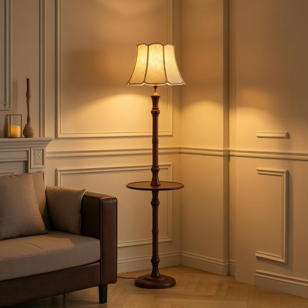Lampada da Terra in Legno con Ripiani, Piantana Multifunzionale per Salotto e Soggiorno, Design Mid-