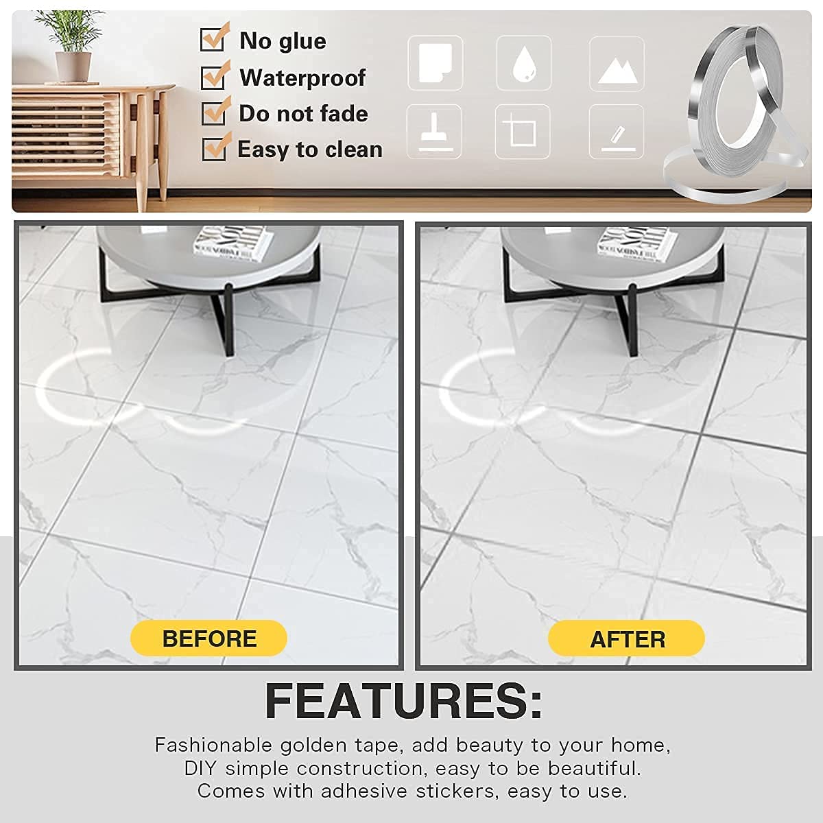 Styxon Tile Sticker Gap Sealing Tape Silver Foil Self-Adhesive Wall Floor Decor Tape-1cmx50 Meters - Silver-(Pack-2) 1