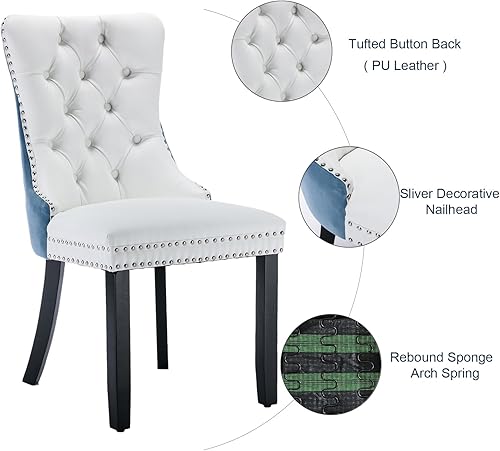 Miniatura 5 de Juego de 2 sillas de comedor, sillas de comedor tapizadas con respaldo alto, ribete de cabeza de clavo y patas de madera maciza, silla de comedor