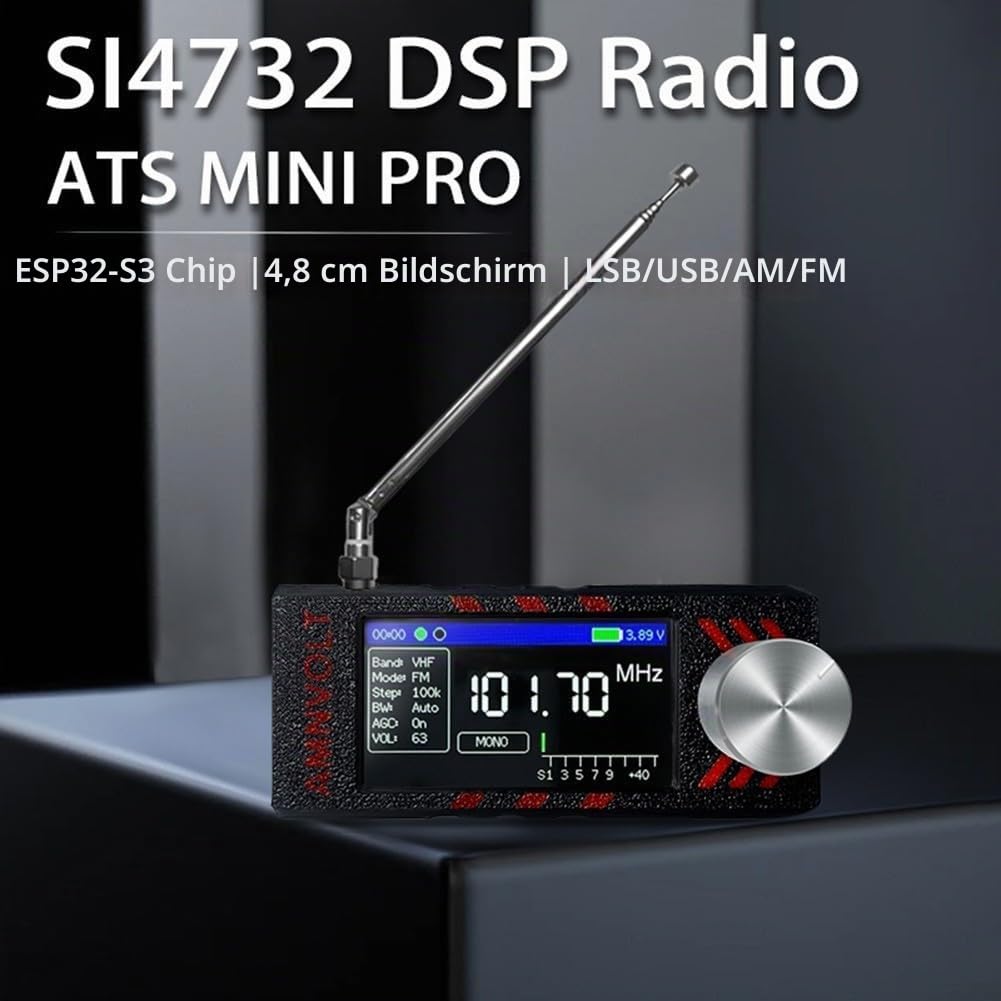 Verbesserter Mini SI4732 Vollband-Radio-Empfänger mit ESP32-S3-Mastersteuerung, 4,8 cm IPS-Farbdisplay, eingebauter Hi-Z-Schaltung, LSB USB AM FM-Modi, AGC ATT-Funktionen, 1 W Lautsprecher (schwarz)