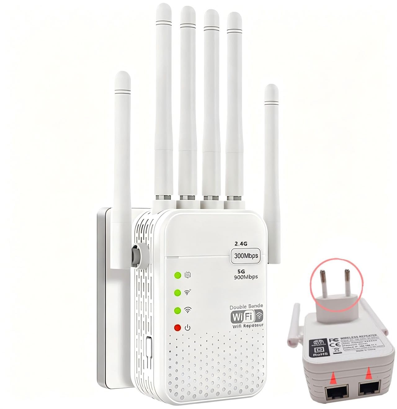 Repeteur WiFi Puissant,6 antennes,Amplificateur WiFi 1200Mbps Double Bande 5GHz/2.4GHz,repetiteur WiFi Puissant sans Fil, 2 Ports LAN, Adapté aux Maisons et aux Bureaux