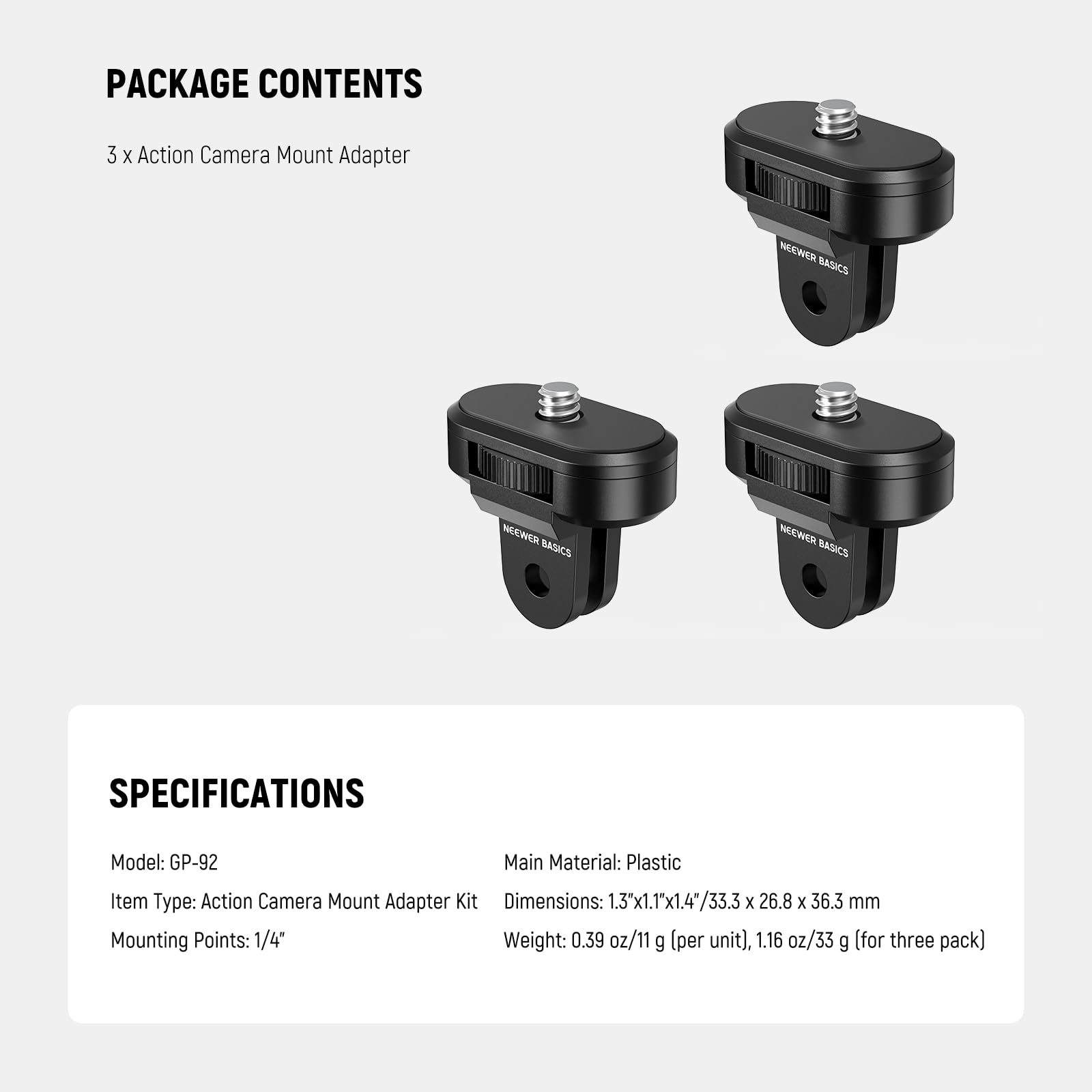 NEEWER 3 Pack Statyw Mocowanie Adapter Zestaw Kompatybilny z Insta360 Dji OSMO 360 Pocket 3 Action Camera dla POV Nagrywania Wideo, 1/4"-20 do 2 Kołki Śruby Konwersja Części Akcesoria, GP-92