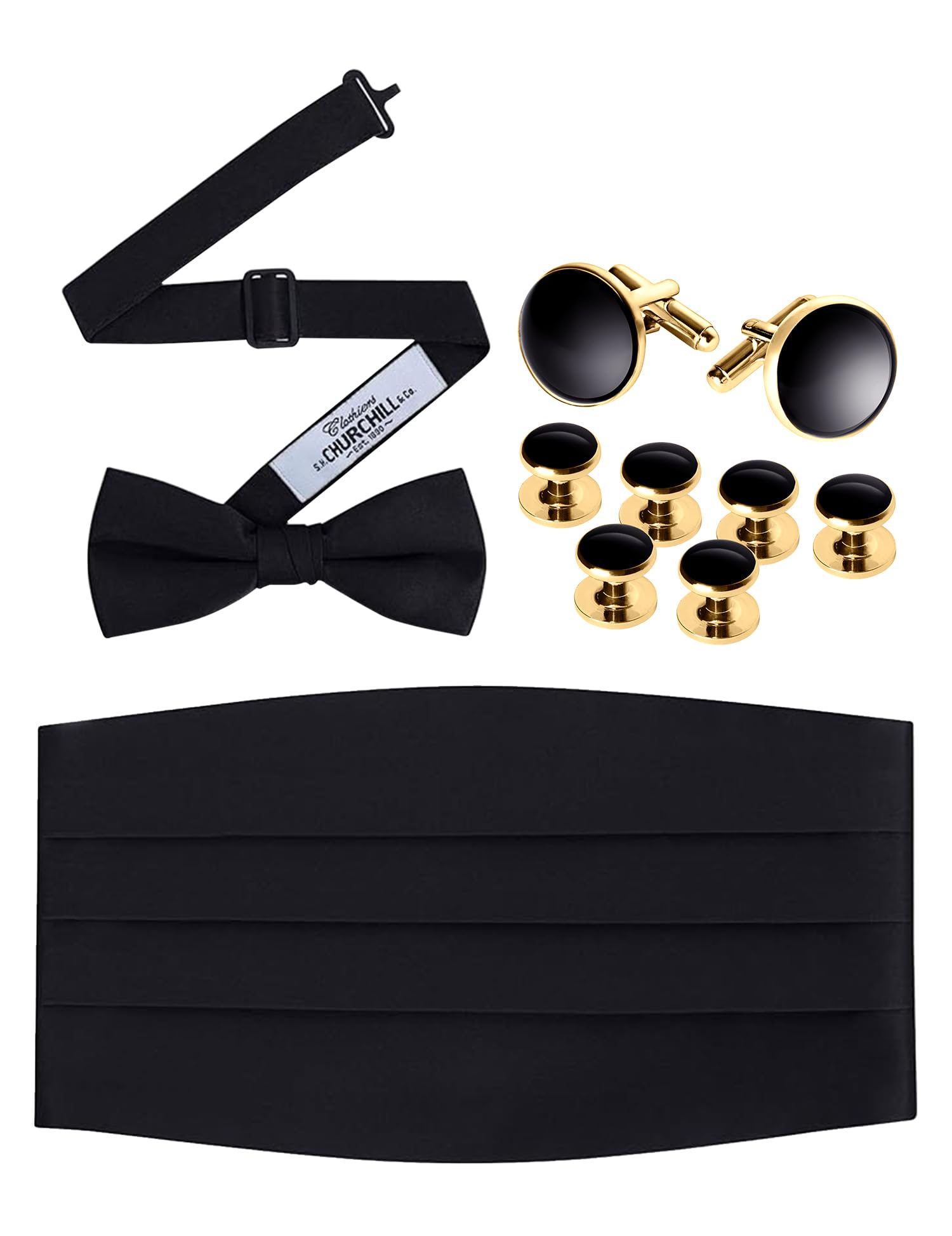 Men's 3 Piece Set with Cummerbund, Pre-Tied Bow Tie, Cufflinks &amp; Studs