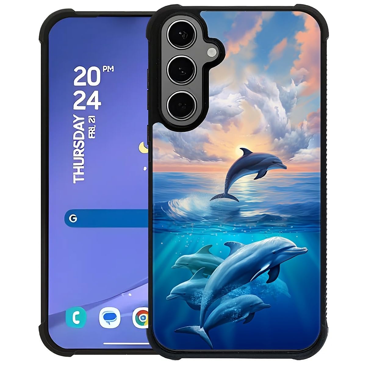 FKBRCL4U for Samsung Galaxy S24 S25 Plus Case, Sunset Dolphin Ocean Pattern Graphic Design Girl Boy Soft Silicone Hard Acrylic Shock Protection for