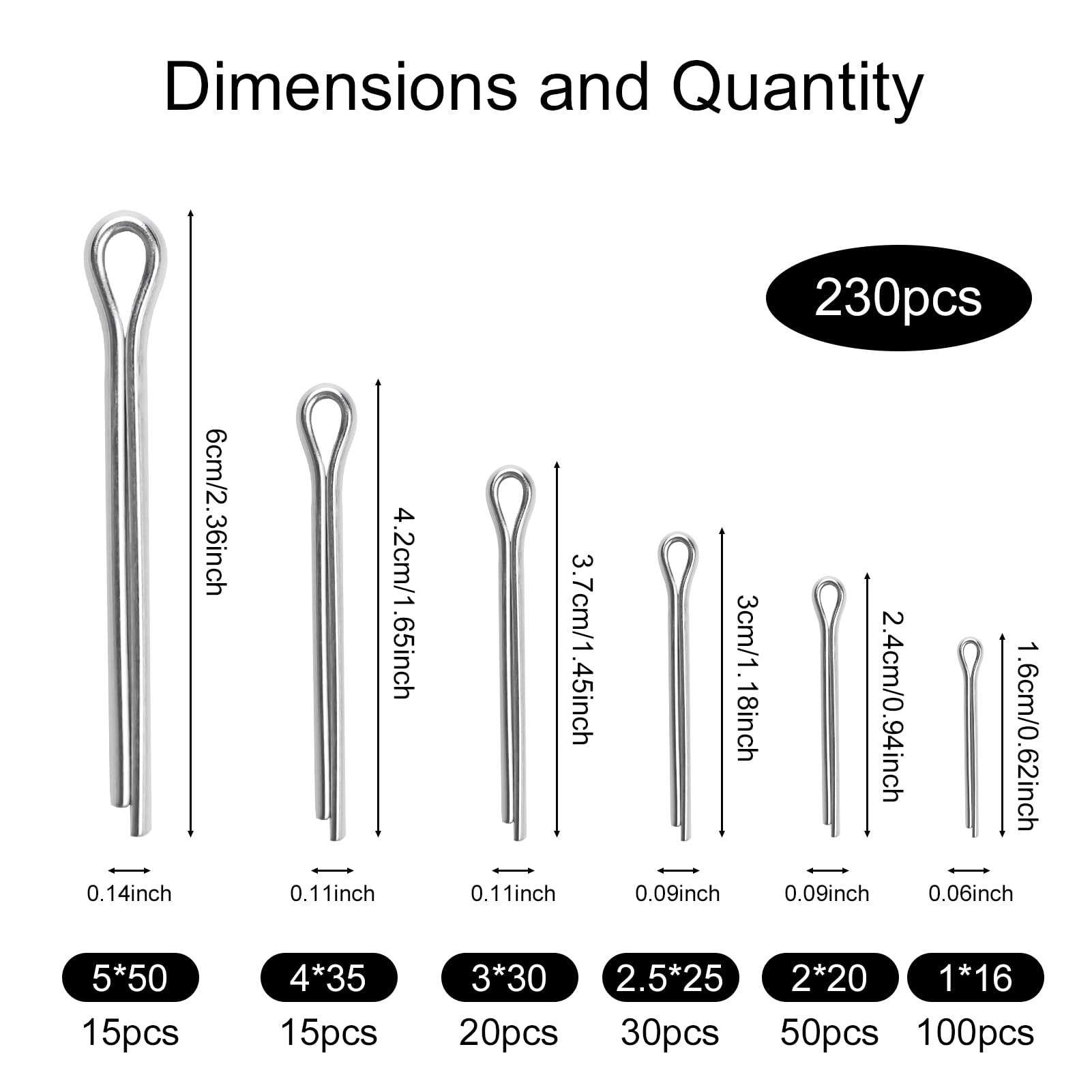 Set di 230 splinte in acciaio inox con scatola di assortimento, set di bacchette di sicurezza in 6 diverse misure, per auto, attrezzi da giardino