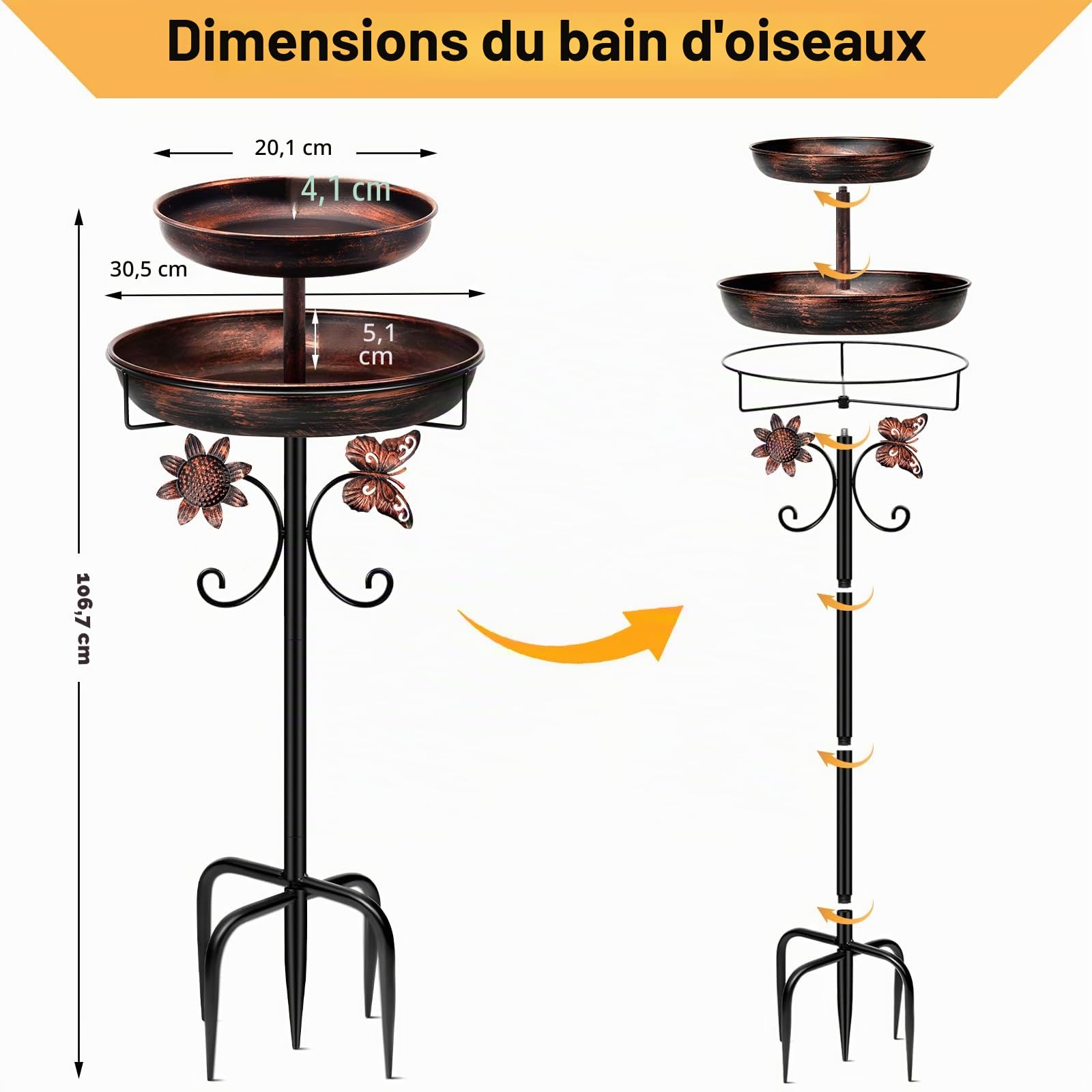 Bain d'oiseaux en métal pour l'extérieur, 106,7 cm, double bain d'oiseaux autoportant, mangeoire pour oiseaux pour extérieur, jardin, terrasse, cour, pelouse, base améliorée à 5 dents (bronze