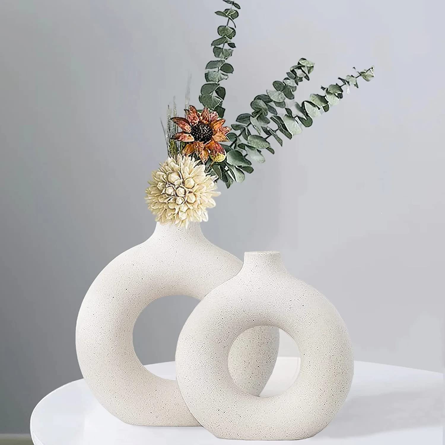 Buy Monarchal White Ceramic Donut Vase with Pampas Grass Decor Round