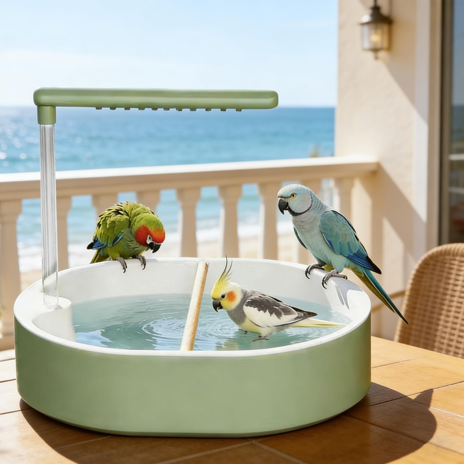 Vogeldusche Wellensittich mit Wasserfall & USB Strom, rutschfeste Vogelbadewanne für Käfig & Balkon,Vogelbad für Unzertrennliche Nymphensittiche Afrikanische Munias & Aras