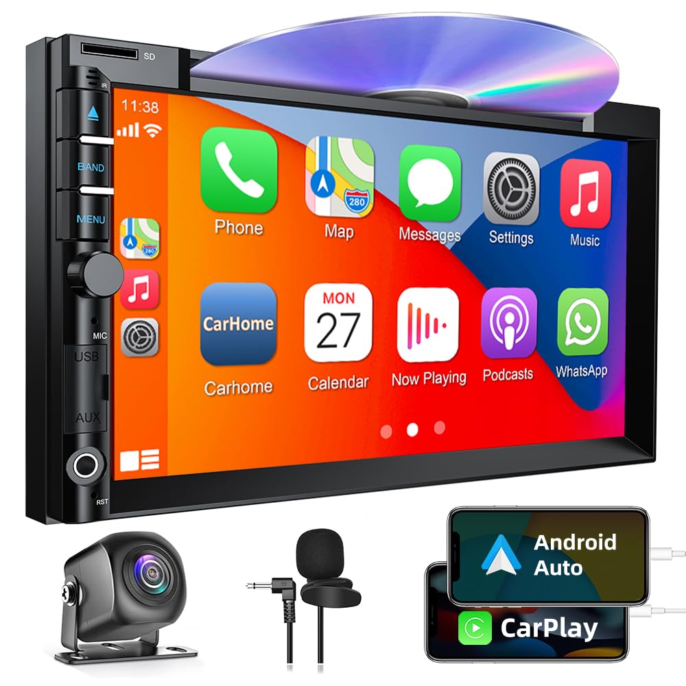 Double Din Car Stereo with CD/DVD, Backup Camera, 7-Inch Touchscreen, Bluetooth 5.2, AM/FM Radio Receiver, Mirror Link, USB/TF/AUX