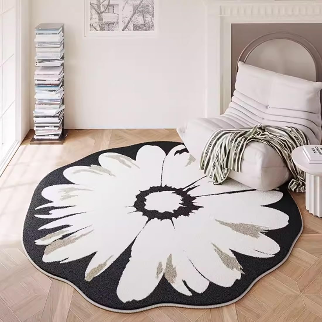 Tapis floral irrégulier noir et blanc grand salon chambre coucher