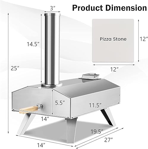 Miniatura 9 de Happygrill Horno de pizza al aire libre, portátil, de acero inoxidable, estufa de pizza de pellets de madera con piedra de pizza de 12 pulgadas,