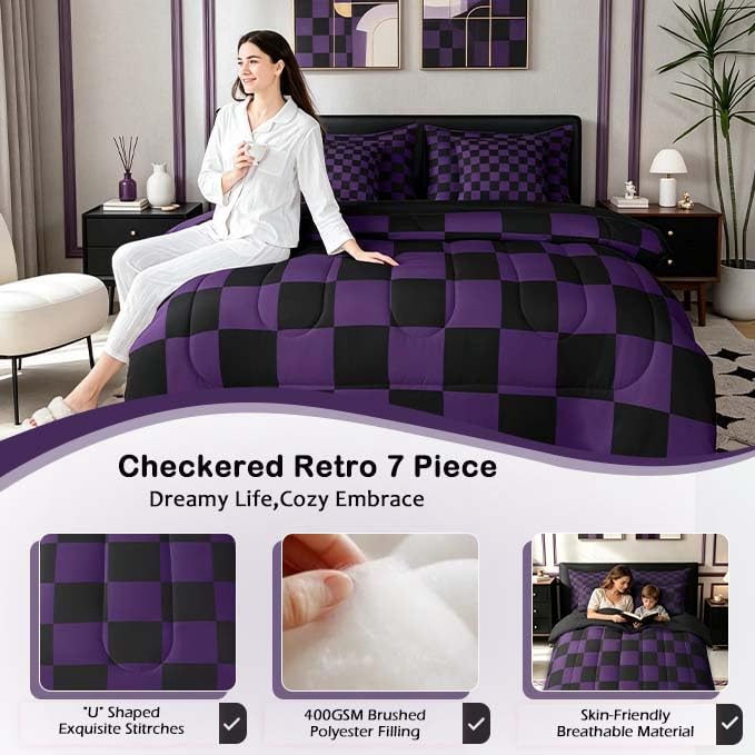Image of Feelyou Checkered Queen Comforter Set with Sheets for Kids Boys Girls Purple Black Plaid 7 Pieces Bedding Set Cute Retro Neutral Checkerboard Geometric Bed in a Bag Vintage Aesthetic Room Decor Soft