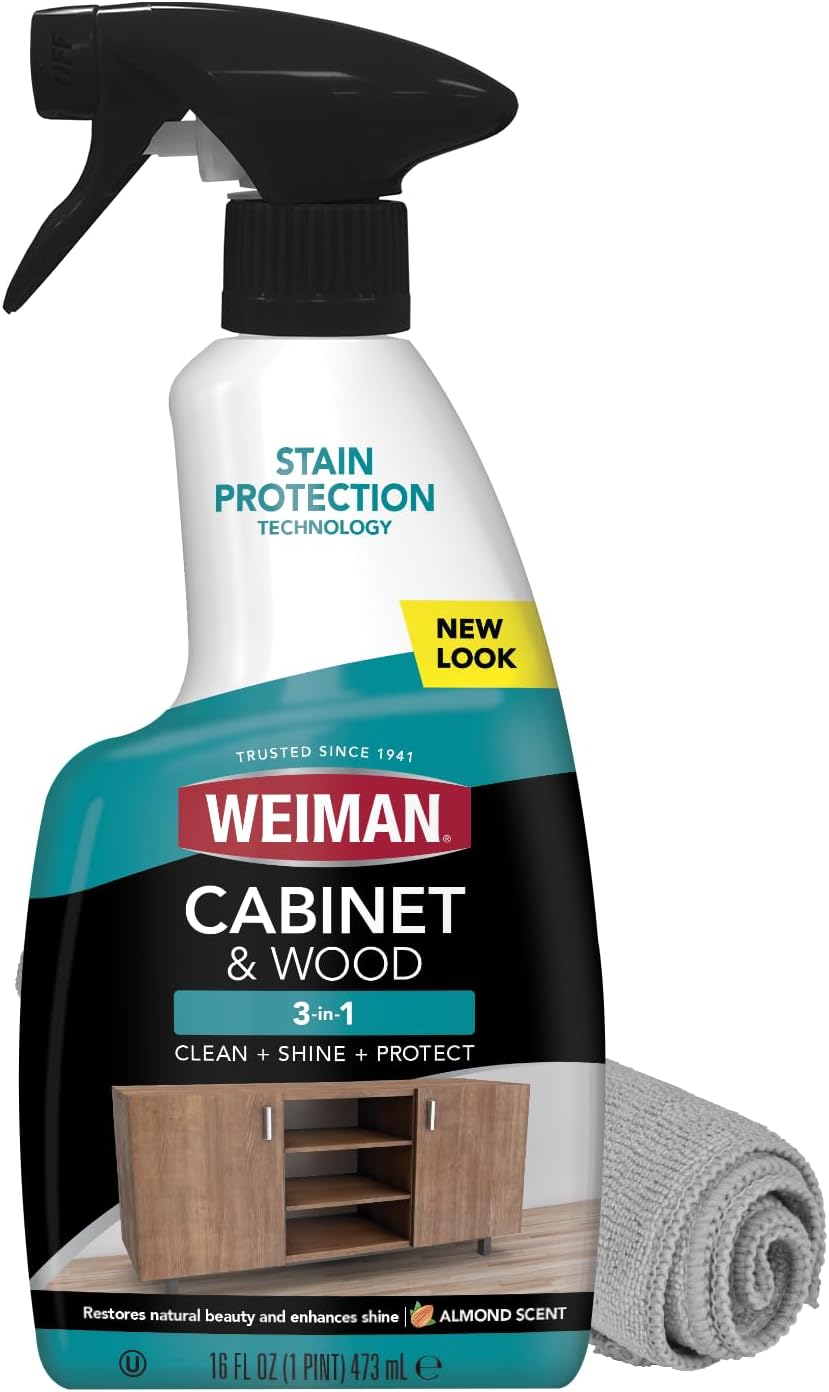 Weiman Cabinet and Wood Cleaner, Shine, Clean and Protect Spray - For Wood Cabinets, Furniture, Tables, Baseboards, Trim and more, 16 oz, 2 PACK with MicroFiber Towel