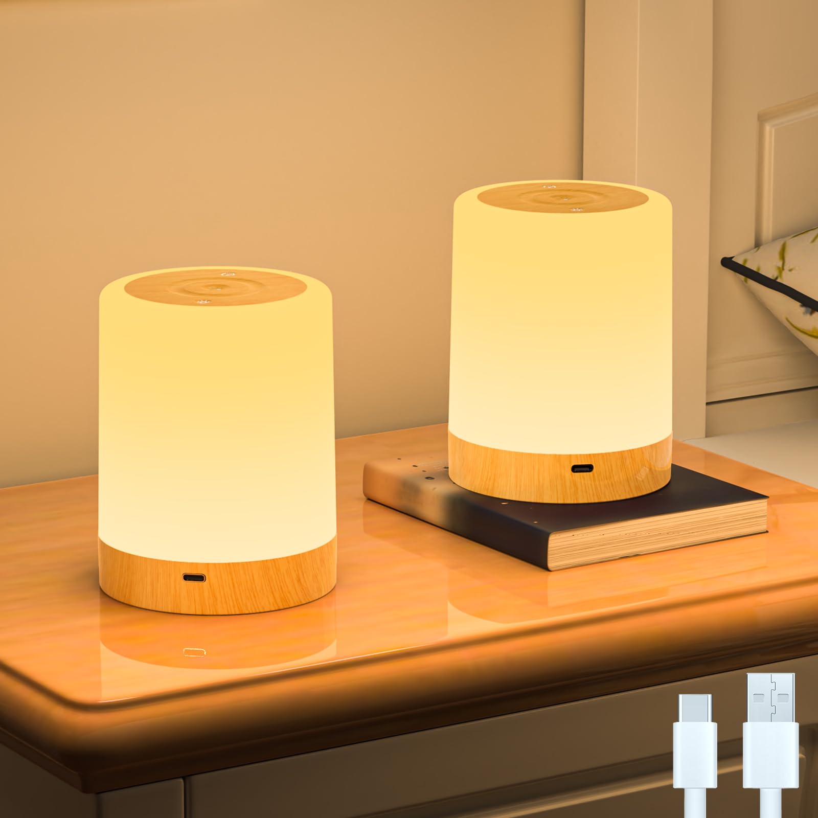 TRUMPETS Lámpara de Mesa LED Control Táctil RGB y Blanco Cálido USB Recargable, Luz Nocturna 256 Colores con Timer Sin Cables Ideal para Niños Habitación Cámping Bebé Dormir (2 Piezas | TIPO 2)