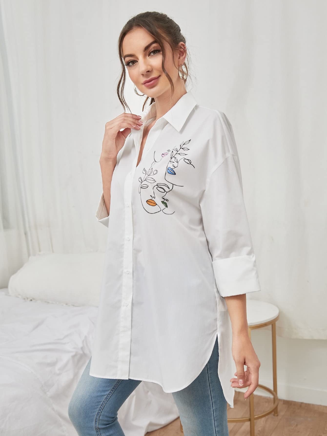 CRYBA Summer Tops Women Figure Graphic Button Up Blouse (Size : XXL)