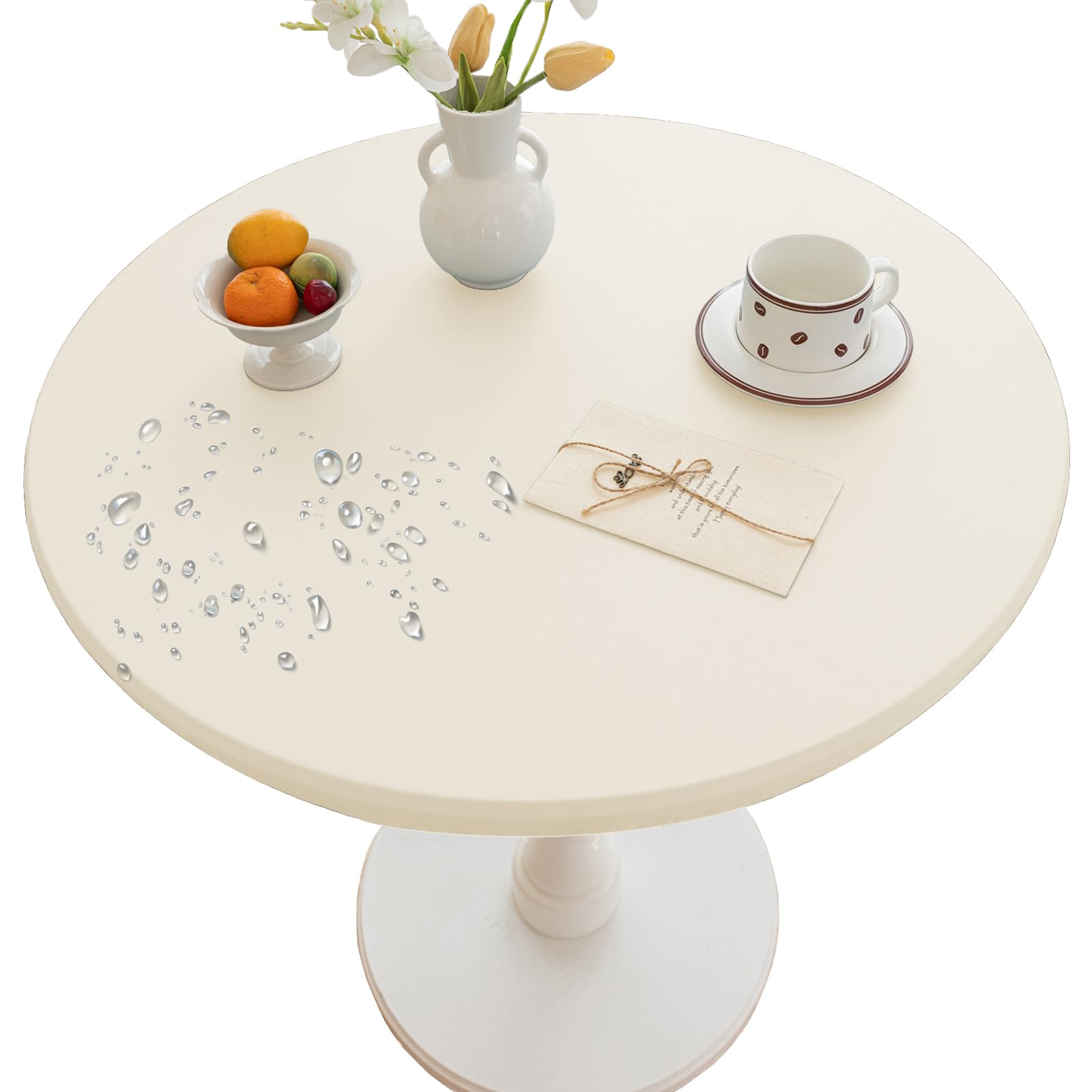 Thdsubb Round Tablecloth Leather Waterproof Tablecover Elastic Edged Fitted Table Protector Cover Wipeable for Home Picnic Party (Ivory,90cm)
