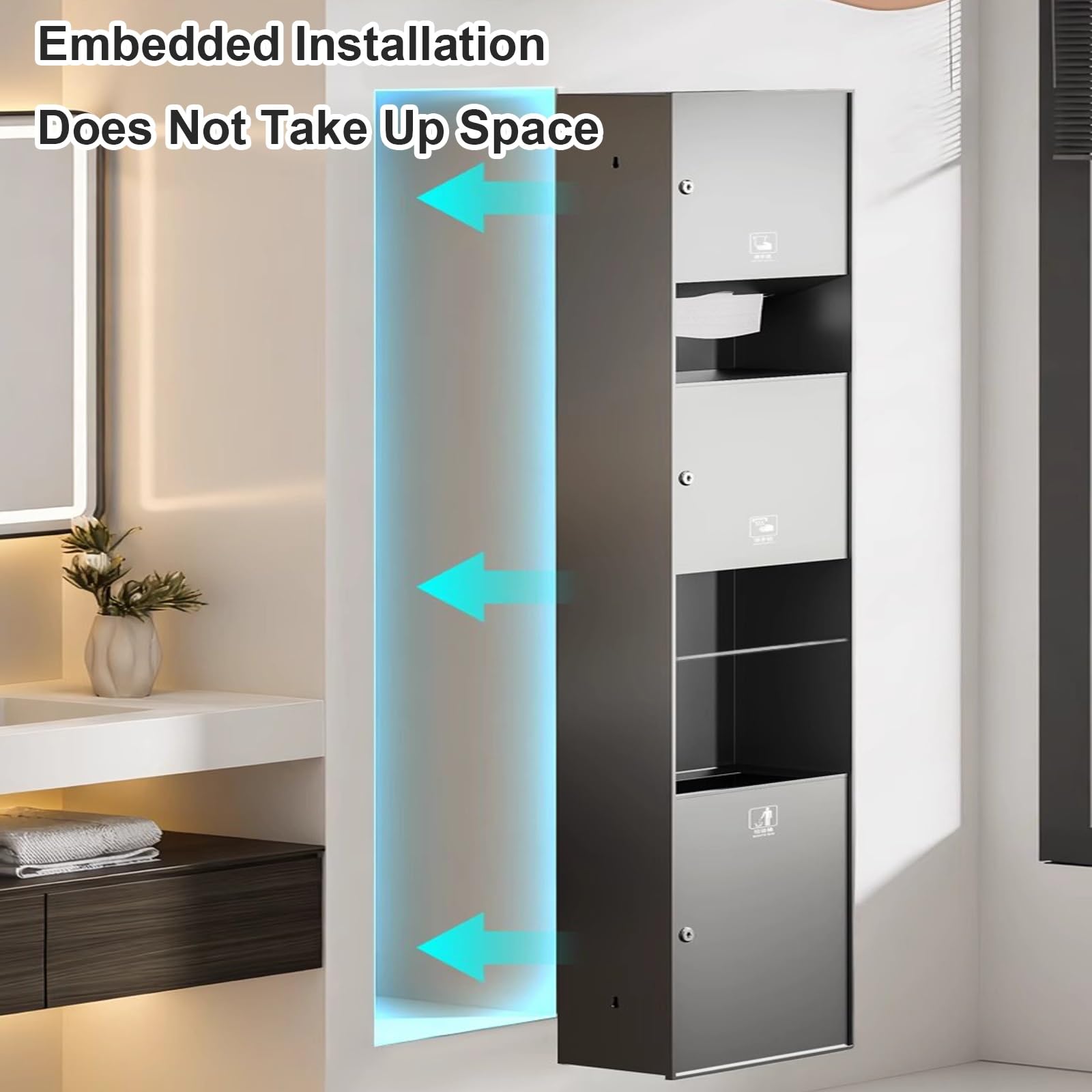 Dispensador Papel Secamanos de Acero Inoxidable 304 con Cubo Basura, Dispensador de Papel Manos, para Baño, Ideal para Hoteles, Centros Comerciales y Aeropuertos(Gold,750x345x145mm)