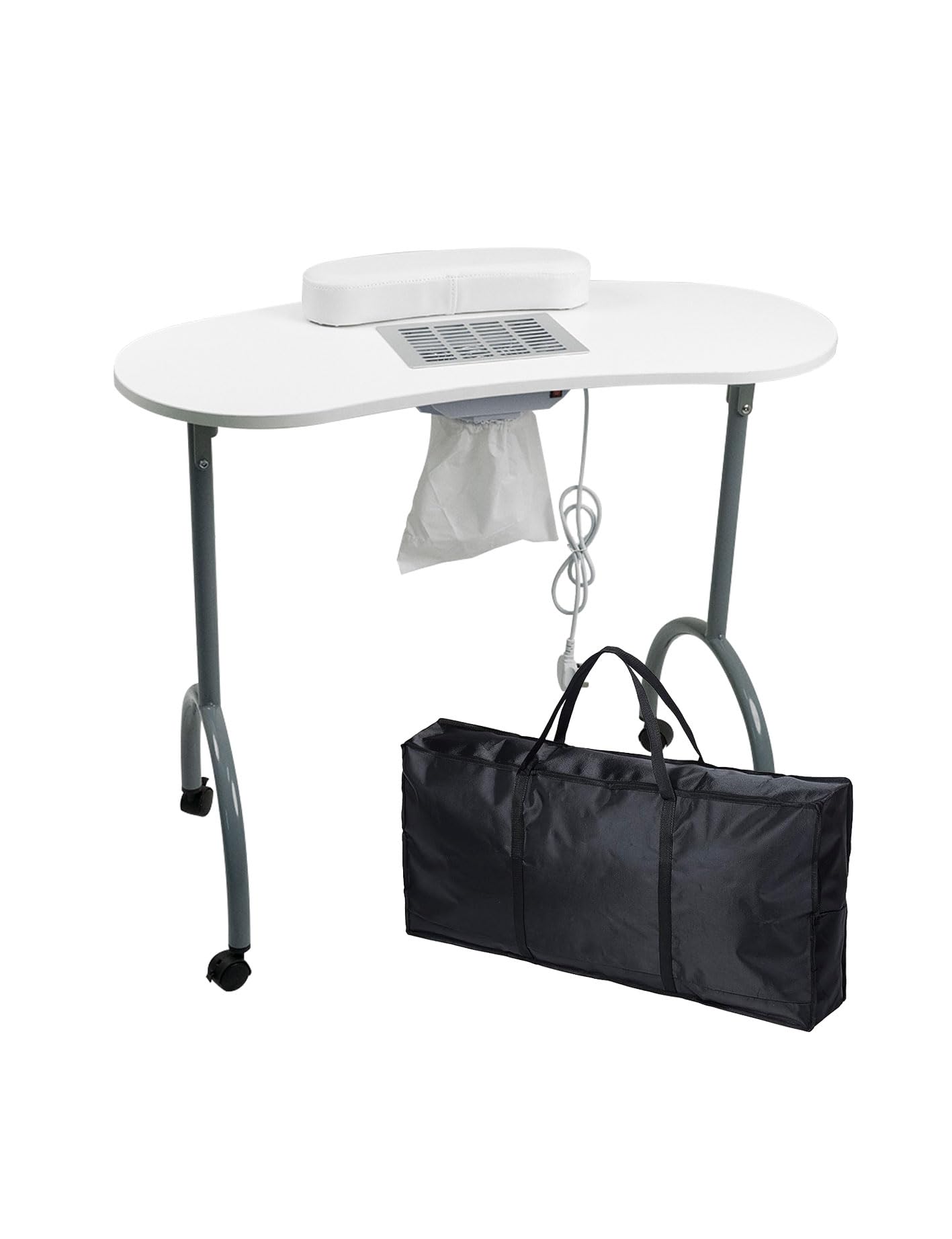Portable Manicure Table Foldable Professional Nail Desk with Dust Collector Nail Tech Table for Technician Spa Salon Workstation, Client Wrist Pad Carry Bag 4 Lockable Wheels (White)