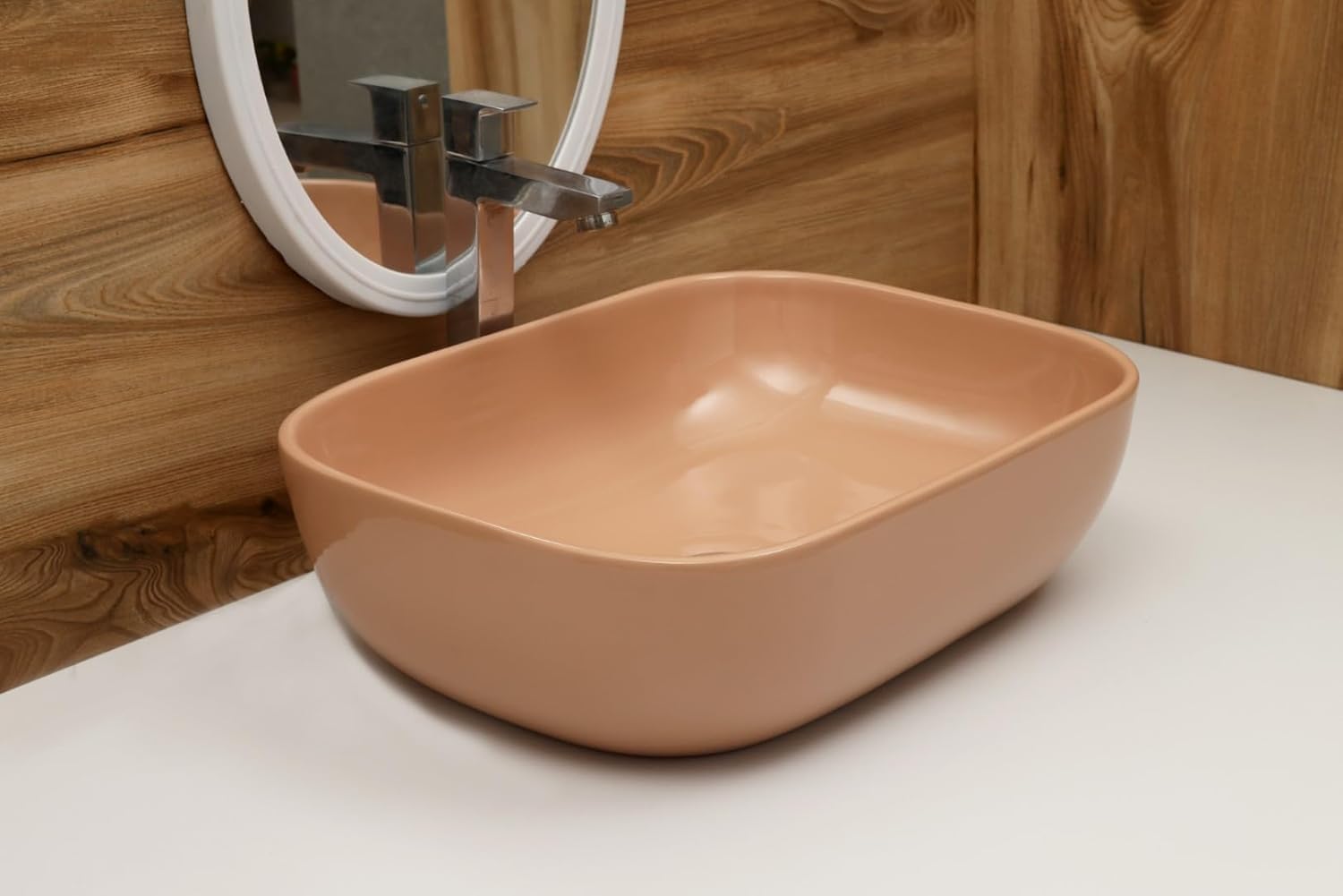 MAHISRE Ceramic Countertop Wash Basin | Designer Table Top Bathroom Basin Sink | Vessel Sink Wash Basin Over Counter for Bathroom, Hotel, Home Living Room (18x13x5.5 Inch) (Glossy Beige)