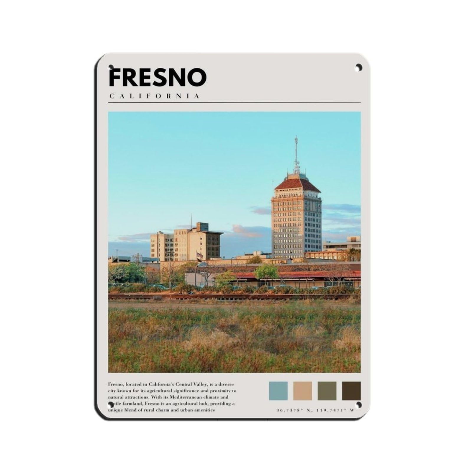 Fresno California Poster Fresno City Art Retro Poster Metal Tin Sign Chic Art Retro Iron Painting Bar People Cave Cafe Family Garage Poster Wall Decoration 12x16inch(30x40cm)