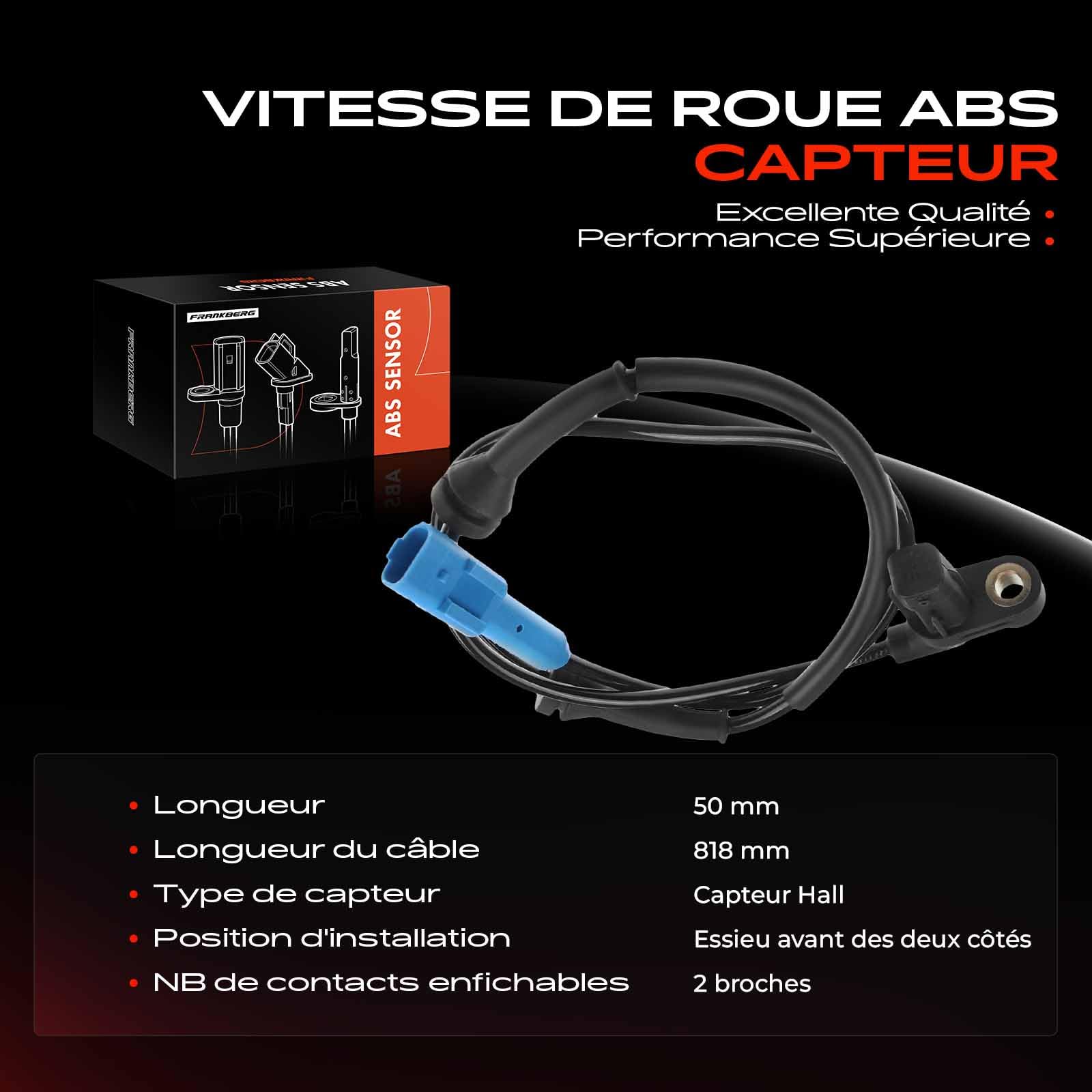 Frankberg Capteur ABS 2-Pôles Compatible avec 206 CC 2D 206 Hayon 2A/C 206 SW 2E/K 206+ 2L 2M 206 Berline Remplacer# 9661738680