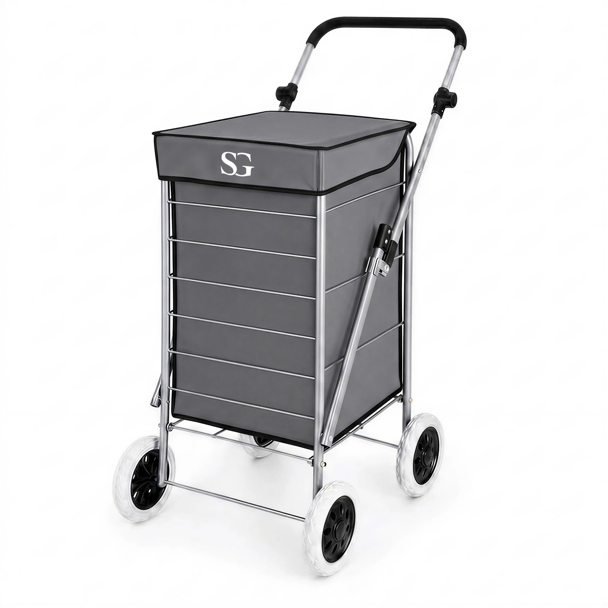 SG 80L Heavy Duty Foldable Shopping Trolley - 4 Wheel Cart with Removable Bag for Effortless Shopping - Stylish Spacious Trolley Bag Included - Grey