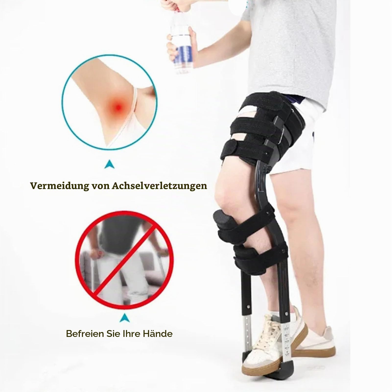 Freihändige Krücke, einbeinige teleskopische freihändige Krücke, Gehunterstützung, Bein-Knie-Mobilitätsunterstützung für Behinderte, ältere Menschen, Verletzungen, Knöchelfrakturen