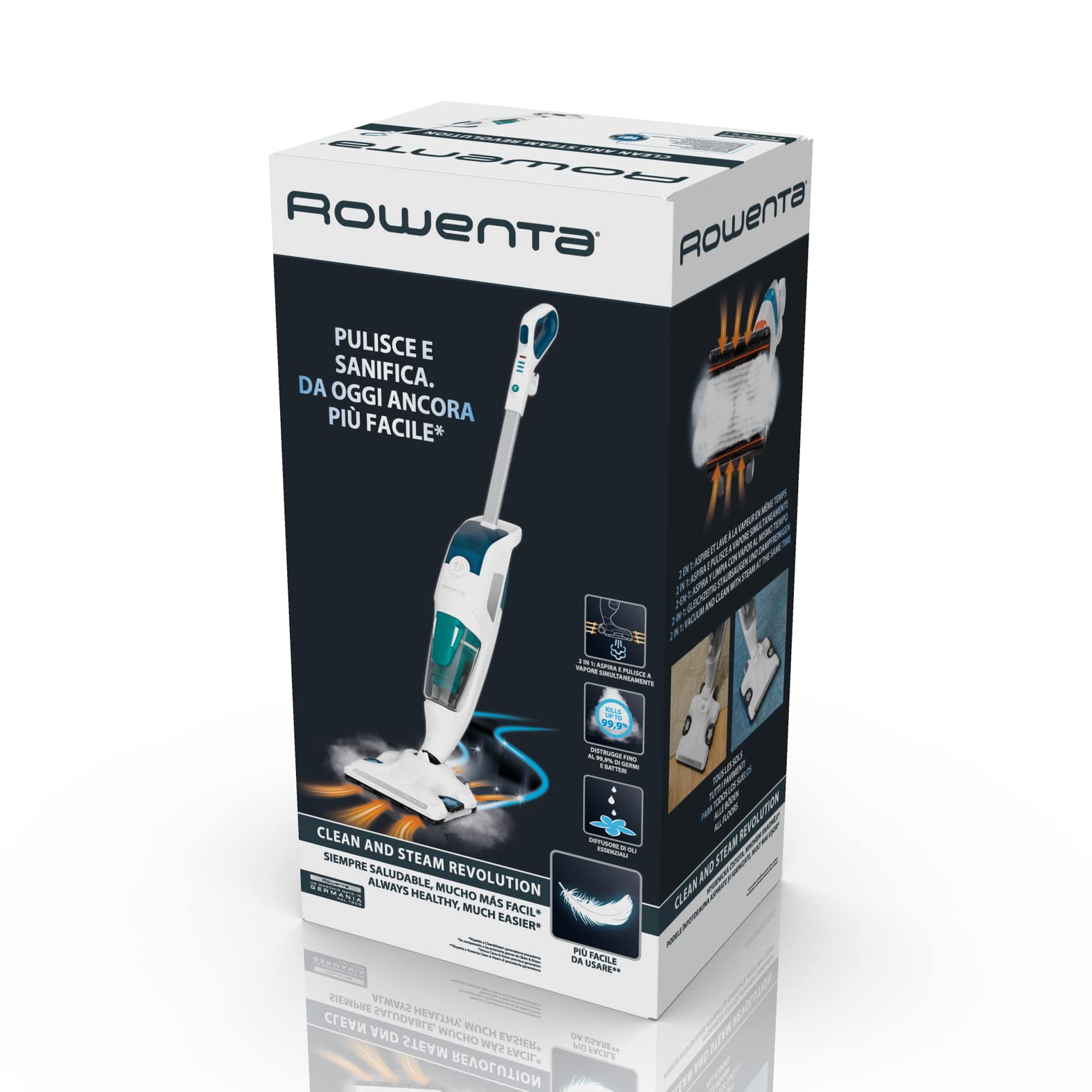 Rowenta RY7757 Clean & Steam Revolution Aspirapolvere a Vapore, Lavapavimenti Multisuperficie, Aspira, Lava e Igienizza Insieme, Elimina Germi e Batteri, Serbatoio Amovibile, Senza Sacco