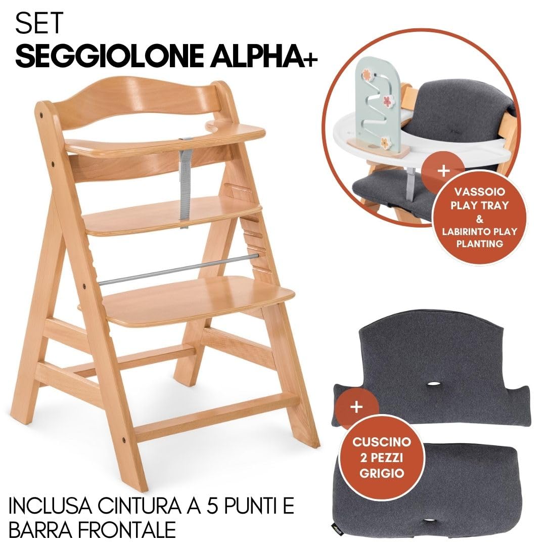 hauck Seggiolone Pappa Alpha Plus con Vassoio per Giochi in Legno, Cuscino - Seggiolone Evolutivo Legno dai 6 mesi - Naturale, Grigio scuro