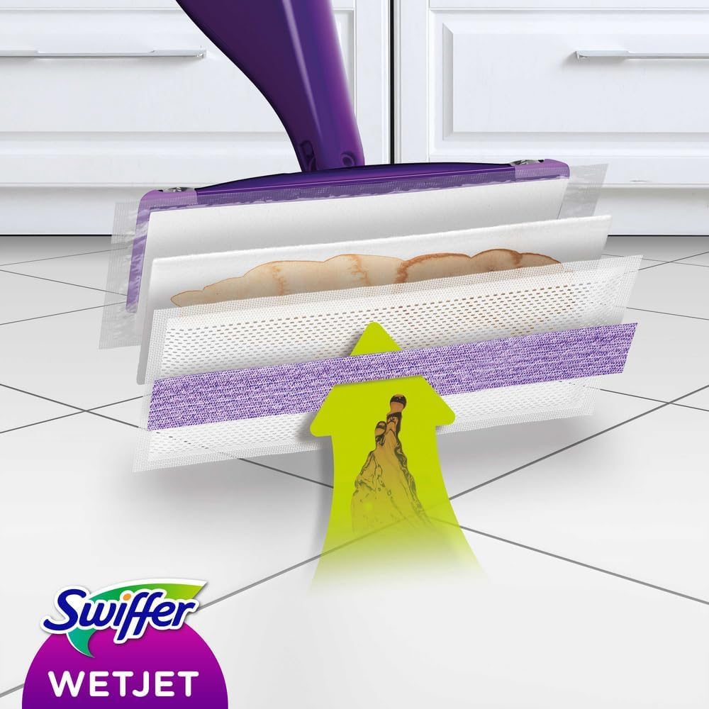 Swiffer Wetjet - Set di spazzole a spruzzo, 1 ricarica da 1,25 l WetJet e 10 salviette, trattiene polvere e sporco, progettato per tutti i tipi di pavimenti (1)