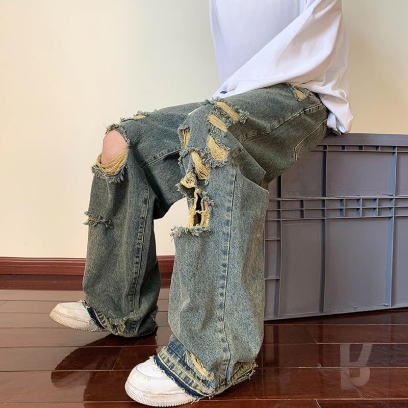 Men's Baggy Ripped Jeans Wide Leg Hip Hop Y2k Loose Fit High Waisted Casual Denim Pants for Men Streetwear3