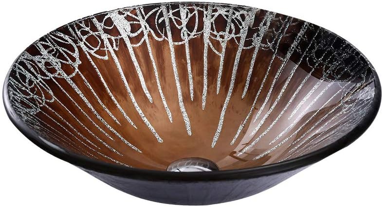 Brown Pattern Round Tempered Glass Bathroom Vessel Sink Counter Top Installation Modern Artistic Vanity Sinks Glass Vessel Sink with Pop up Drain,Singlesink