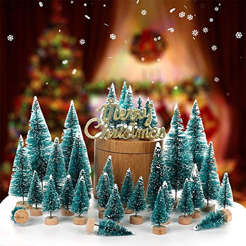 Orgrimmar 24 PCS Mini Christmas Trees Artificial Sisal Trees Snow Frost Ornaments Bottle Brush Trees with Wooden Bases for Christmas Home Party Decoration, 6 SizesÂ 