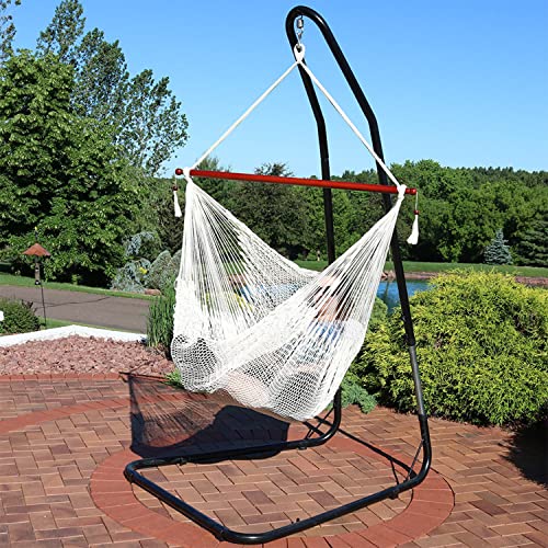 Sunnydaze Cabo-Style Hanging Rope Hammock Chair Swing With Adjustable Stand - 330-Pound Capacity - Black Stand - Cream #TOP7