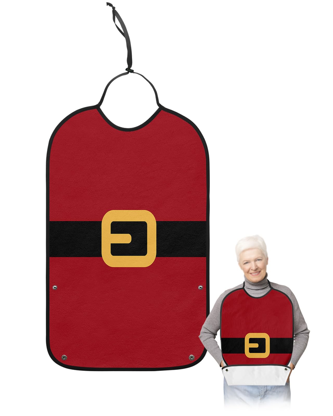 Christmas Santa Adult Bibs for Eating, Waterproof Bibs with Food Catcher & Adjustable Snap Closure, Black Golden Belt Red Backdrop Washable Clothing Protectors Adult Bibs for Elderly Women/Men
