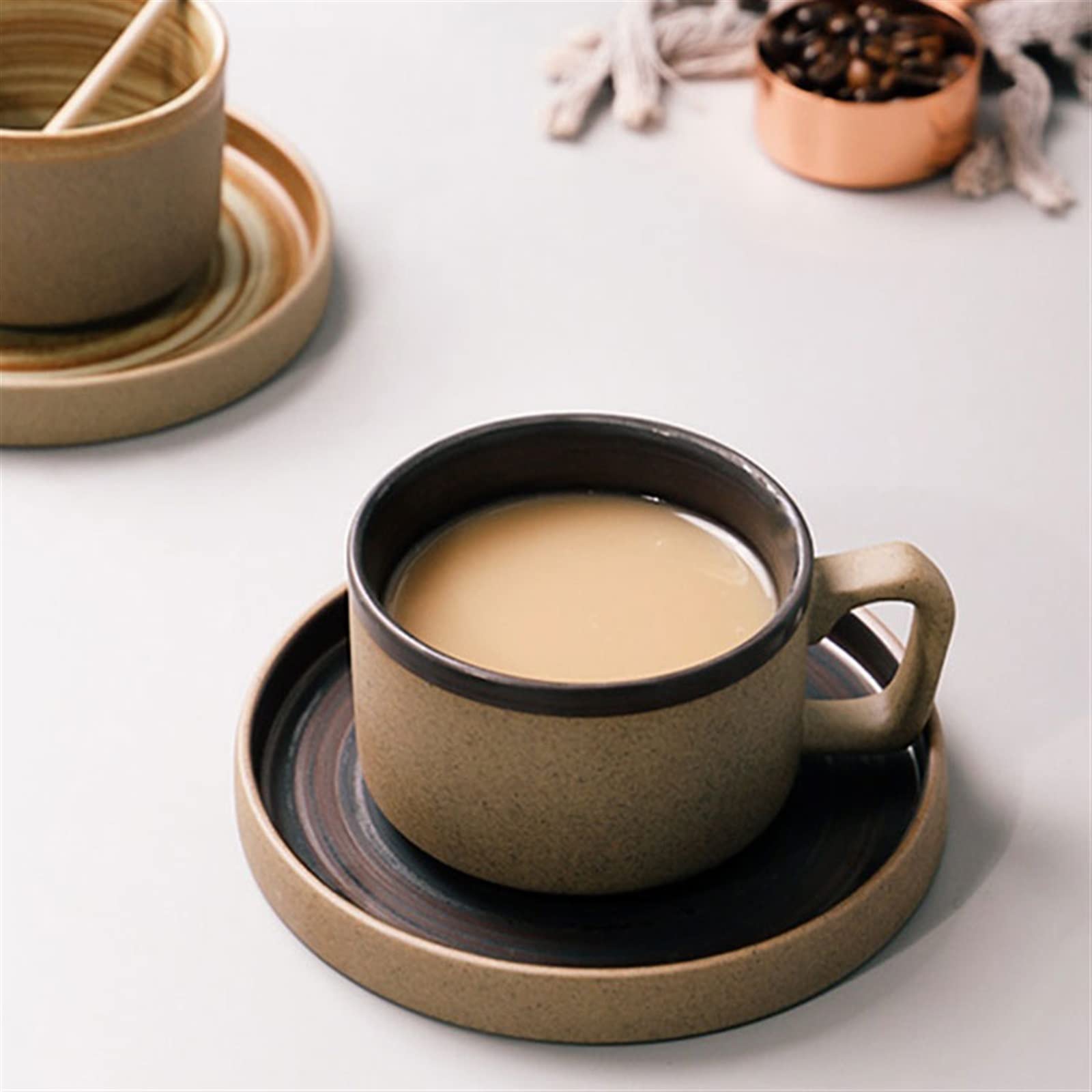 NZPOST Tazas de cerámica de Estilo Vintage, Taza, Juego de Platos y Tazas de 200 ml, Taza de café para Oficina, Taza de té con Leche (Dorada)