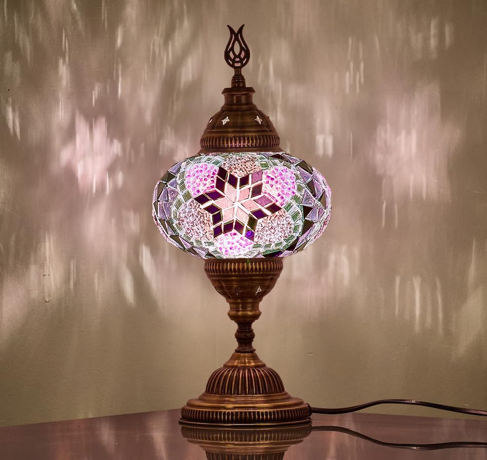 Demmex Purple & Lilac Turkish Moroccan Mosaic Table Bedside Night Lamp, Tiffany Style Colorful Glass Mosaics Unique Oriental Exotic Table Lamp, 16Cm Big Size Globe, 36Cm Height (Purple & Lilac)