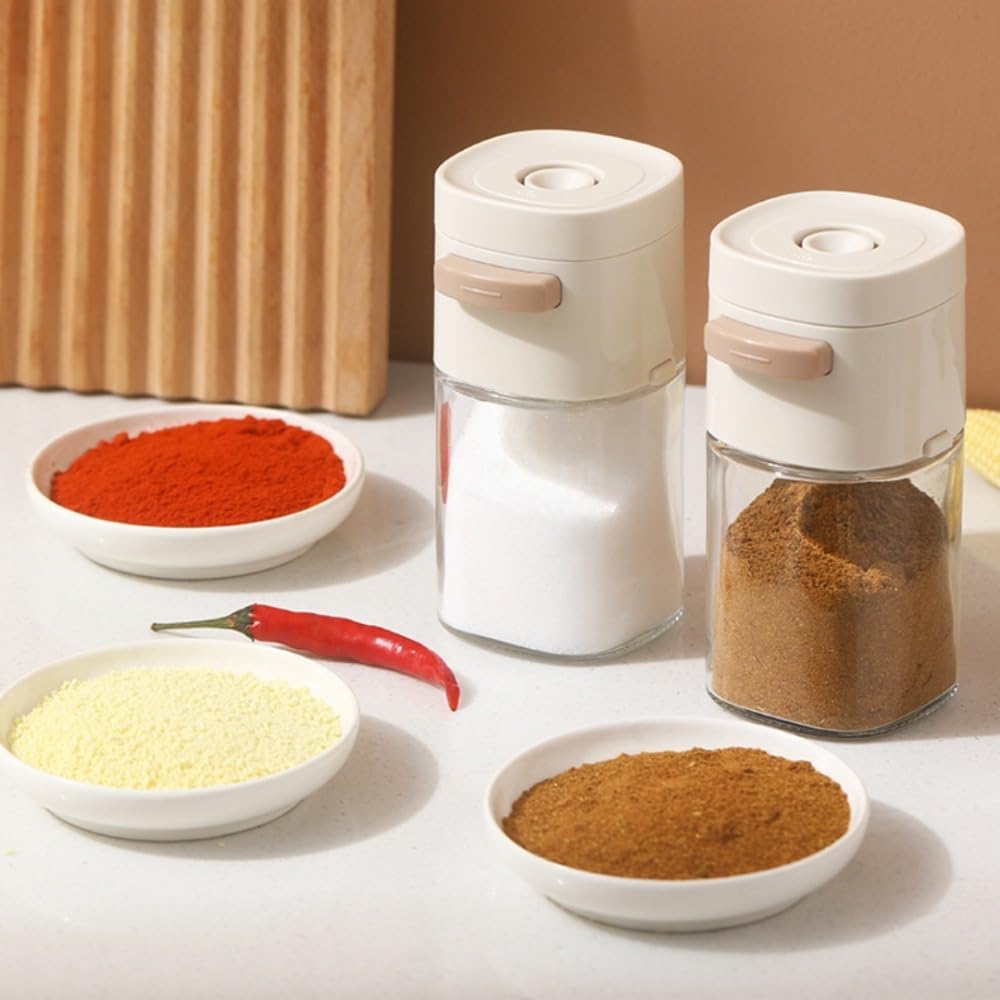 Press Sugar Dispenser, 2 Pcs Glass Bottle Salt Pepper Container Precise Quantitative Push Type, White Salt Shakers for Kitchen, Portable Measuring Seasoning Jars