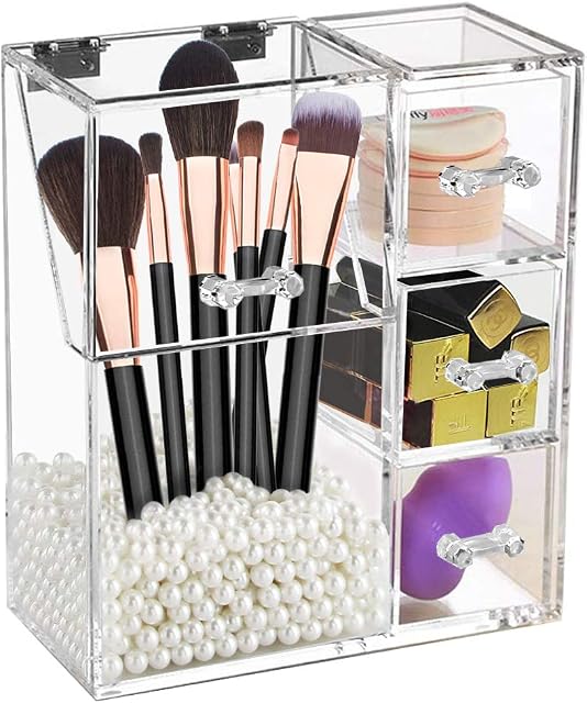 Discoball Makeup Brush Holder Organizer with Lid Dustproof Cosmetic Organiser Storage Box with Pearl, Clear Square