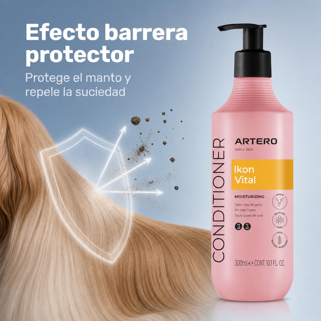 Artero Ikon Vital. Acondicionador para Perros. Hidrata, Suaviza y Protege el Manto. Enriquecido con Avena, Ideal para Pieles sensibles y mantos con Nudos o Tendencia al encrespamiento. (300 ml)