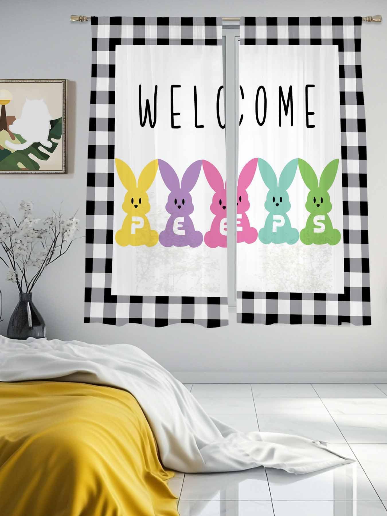 Semi Sheer Curtains 63 Inch Length 2 Panels Set,Easter Colorful Cartoon Rabbit Peeps Light Filtering Drapes Privacy Window Treatment for Living Room Bedroom Kitchen Quote and White Black Lattice