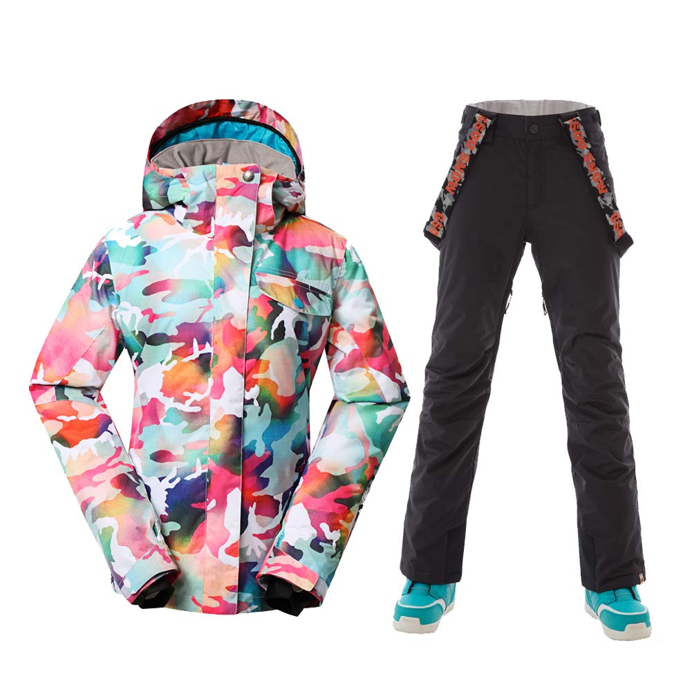 GSOU SNOWWomen Ski Jacket and Pants Set Snowboarding Snowsuit Snow Coat Hooded Waterproof Windproof