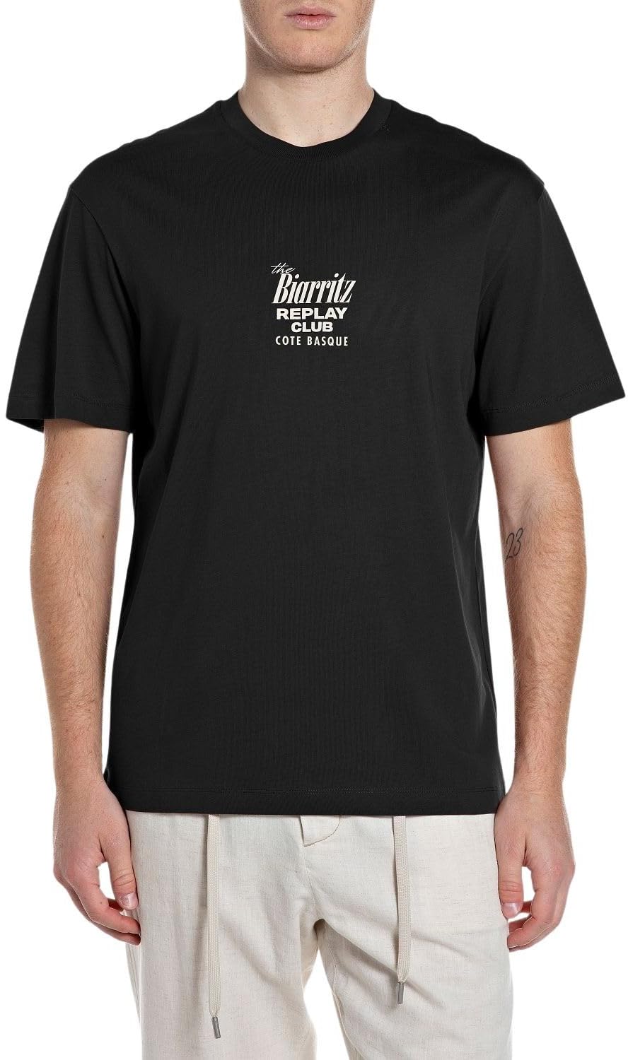 Replay Men's Short Sleeve T-Shirt with Back Print, Black 098 (Black), L