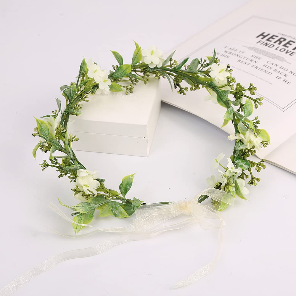 Eucalyptus Leaf Flower Crown Bohemian Bridal Flower Crown Headband Floral Hair Wreath with Sill Ribbon Wedding Boho Headpiece for Women Festival Photo Prop - Image 4