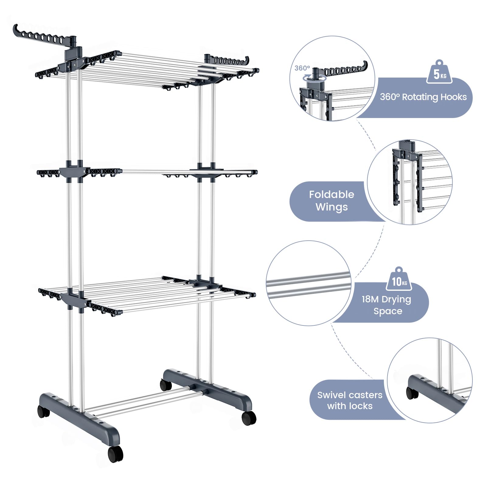KingSaid Séchoir à Linge à roulettes réglable à 3 Niveaux avec Ailes rabattables Grand séchoir à Linge en Acier Inoxydable avec roulettes Convient pour Une Utilisation à l'extérieur et à l'intérieur