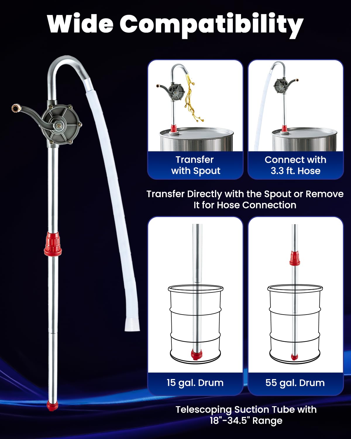ATPEAM Pompe Manuelle 25L/min pour Eau, Essence, Gasoil – Pompe à Eau Manuelle et Pompe à Carburant pour Huile, Diesel, Réservoirs et Fûts