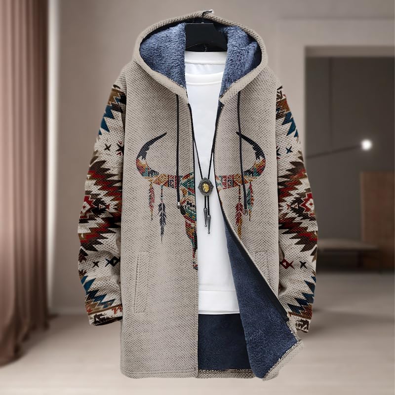 Men's Long Cardigan Hoodies Aztec Cowboys Hooded Jackets Zip up Western Fleece Winter Coats with Pockets - Image 3