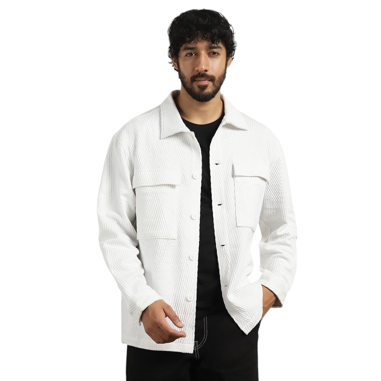 nobero Men's Standard Length Oversized Textured Shacket | Quilted | Cotton | Cuffed Sleeves | Winter Jackets | Shackets For Men-picture-50
