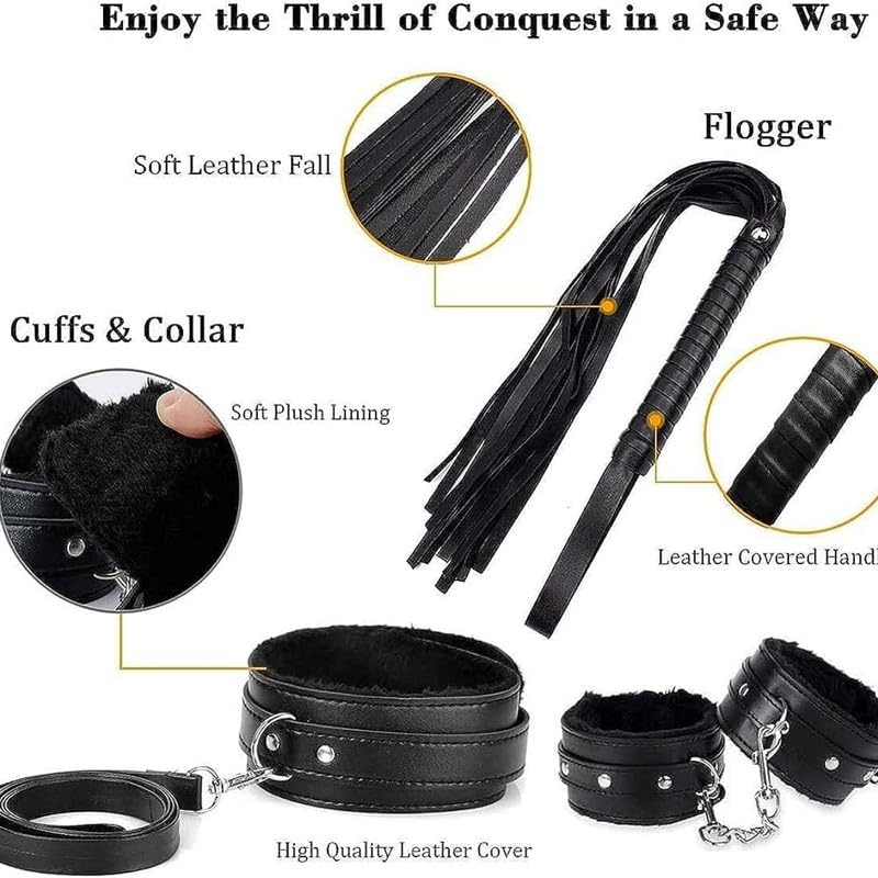 Manchettes en cuir noir queue en peluche kit complet K 3 11 pieces